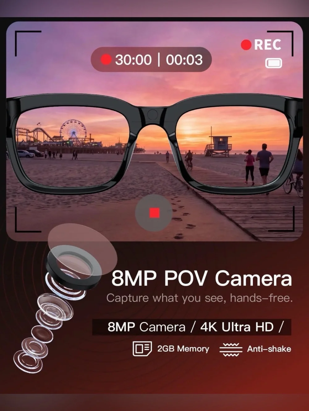 AI Smart Glasses with Camera, 4K POV Recording, Photochromic